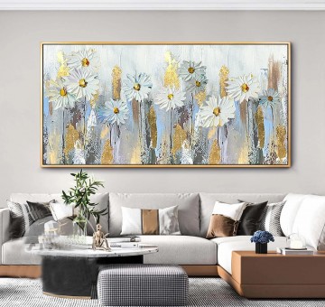150の主題の芸術作品 Painting - パレットナイフによる白い花のゴールドの壁の装飾